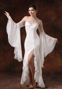 Classic Bateau Beaded White High Slit Wedding Gown with Long Sleeves