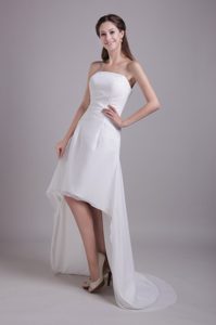 Latest White Strapless High-low Beaded Dress for Wedding in Satin