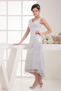 Exquisite V-neck Tea-length Silver Dress for Brides with Sequins Over Skirt