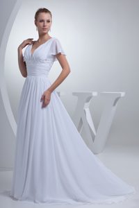 Uptown V-neck Ruching Beading Dresses for Wedding with Short Sleeves