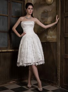 Stunning Strapless Knee-length Satin and Lace Bridal Gown in White