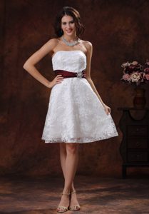 Extravagant Lace Over Shirt Short Dress for Wedding with Wine Red Belt