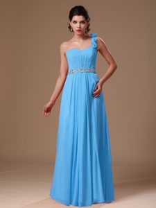 Baby Blue One Shoulder Beaded Chiffon Prom Dress with Hand Made Flowers
