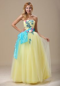 Light Yellow Strapless Long Prom Dresses with Appliques and Blue Sash