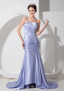 One Shoulder Ruched Lilac Taffeta Prom Party Dress with Appliques