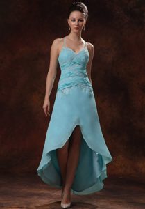 New Spaghetti Straps High-low Ruched Chiffon Aqua Prom Dress with Appliques