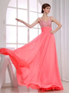 Beaded Straps Long Coral Red Chiffon Prom Homecoming Dress on Sale