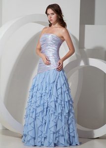 Ruched Strapless Long Baby Blue Beaded Prom Party Dress with Ruffles