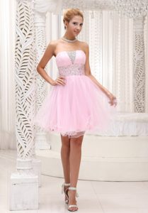 Baby Pink Strapless Mini-length Tulle Prom Dress for Petite Girls with Beading