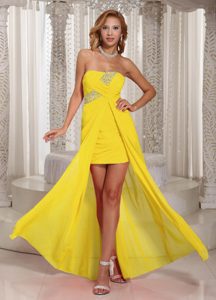 Yellow Strapless Long Ruched Beaded Chiffon Prom Dress with High Slit
