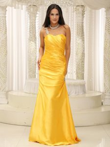 One Shoulder Long Yellow Ruched Taffeta Prom Dresses with Appliques