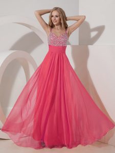 Straps Long Coral Red Chiffon Beaded Prom Holiday Dresses for Cheap