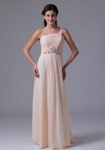 Baby Pink One Shoulder Long Ruched Chiffon Prom Dress with Beading