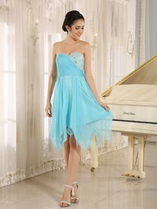 Baby Blue Sweetheart Asymmetrical Ruched Beaded Prom Dress for Slim Girls