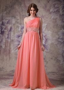 Watermelon One Shoulder Ruched Chiffon Prom Dress with Beading