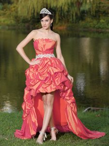 Shell Neckline High-low Orange Taffeta Prom Dress with Pick-ups and Appliques