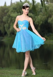 Sweetheart Mini-length Aqua Blue Organza Prom Dress with Appliques on Sale
