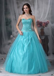 New Sweetheart Long Aqua Blue Tulle Prom Pageant Dress with Beading
