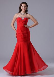 Red Mermaid Sweetheart Long Ruched Beaded Prom Celebrity Dresses