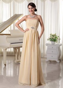 Champagne Strapless Long Ruched Chiffon Prom Dresses with Beading