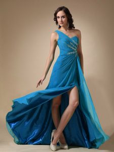 One Shoulder Teal Ruched Prom Dress with Beading and Slit on Sale