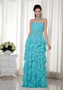 Strapless Long Ruched Chiffon Ruffled Prom Dresses with Beaded Waist