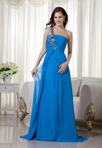 Sky Blue One Shoulder Ruched Chiffon Prom Dress with Appliques