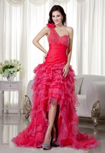 One Shoulder High-low Hot Pink Organza Prom Dress with Ruffles and Beading
