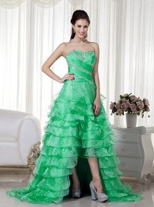 Spring Green Sweetheart High-low Ruched Prom Dress with Beading and Ruffles