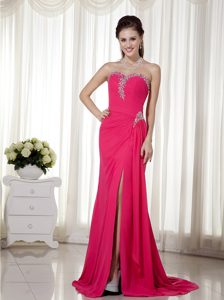 Coral Red Sweetheart Ruched Chiffon Beaded Prom Dress with Slit