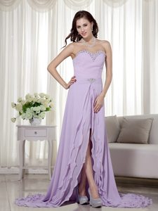 Sweetheart Mini-length Lilac Beaded Chiffon Prom Dress with Detachable Train