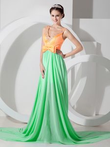 V-neck Court Train Orange and Green Prom Dress with Beading and Bowknot