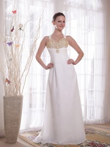 White Straps Ruched Chiffon Beaded Prom Dresses on Promotion