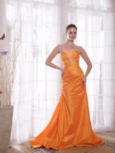 Strapless Orange Ruched Taffeta Prom Pageant Dress with Beading