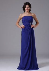 New Royal Blue Strapless Long Ruched Chiffon Prom Dress with Beading