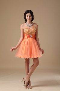 Sweetheart Mini-length Orange Tulle Prom Dresses for Petite Girls with Beading