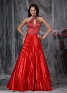 High-neck Long Wine Red Pleated Prom Dress with Beading and Cutout