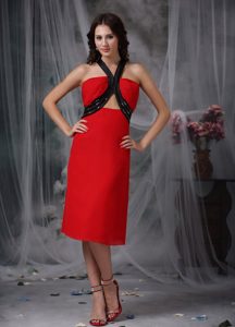 Black and Red Straps Tea-length Ruched Prom Dress with Beading and Cutouts