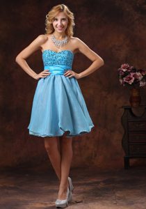 Sweetheart Mini-length Baby Blue Organza Prom Dress for Juniors with Beading
