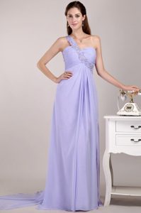 Lilac One Shoulder Ruched Chiffon Prom Holiday Dress with Beading