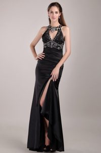 New High-neck Long Black Beaded Prom Dress with High Slit and Cutout