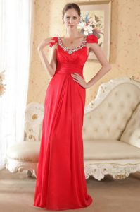 Red Scoop Cap Chiffon Prom Dresses for Anniversary with Beading