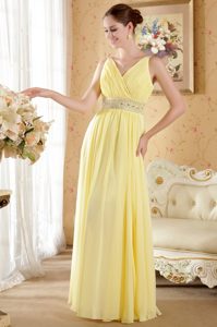 V-neck Long Light Yellow Ruched Chiffon Beaded Prom Evening Dress