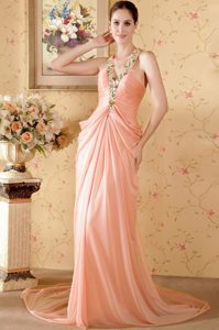 V-neck Court Train Peach Ruched Chiffon Prom Pageant Dresses with Beading
