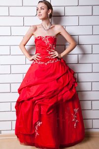Red Strapless Long Prom Pageant Dresses with Pick-ups and Appliques
