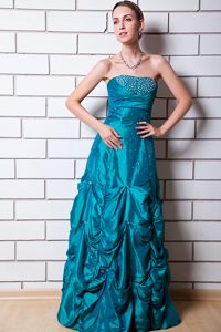 Strapless Long Ruched Taffeta Prom Dresses with Pick-ups and Beading