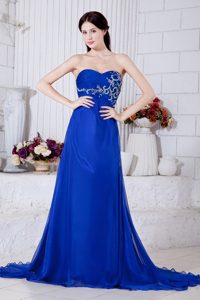 Royal Blue Ruched Chiffon Prom Celebrity Dresses with Appliques