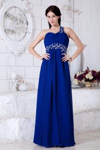 Cheap Royal Blue One Shoulder Long Ruched Prom Dress with Appliques