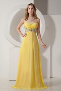 Yellow Sweetheart Long Ruched Beaded Chiffon Prom Celebrity Dresses