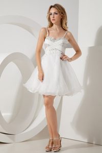 White Spaghetti Straps Mini-length Organza Prom Dress for Girls with Beading